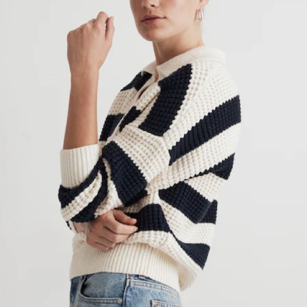 Madewell | Waffle-Knit Henley Sweater Stripe Navy Cream - Size M - Picture 4 of 13